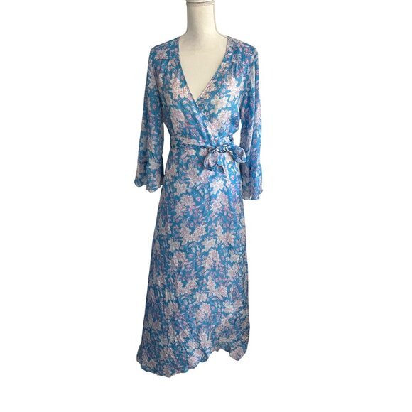HANNAH Artwear Blue Floral 100% Silk Midi Wrap Dress One / Free Size - Picture 12 of 15